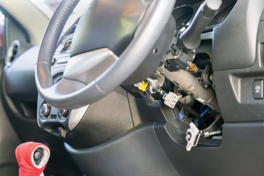 Steering column of a car under repair
